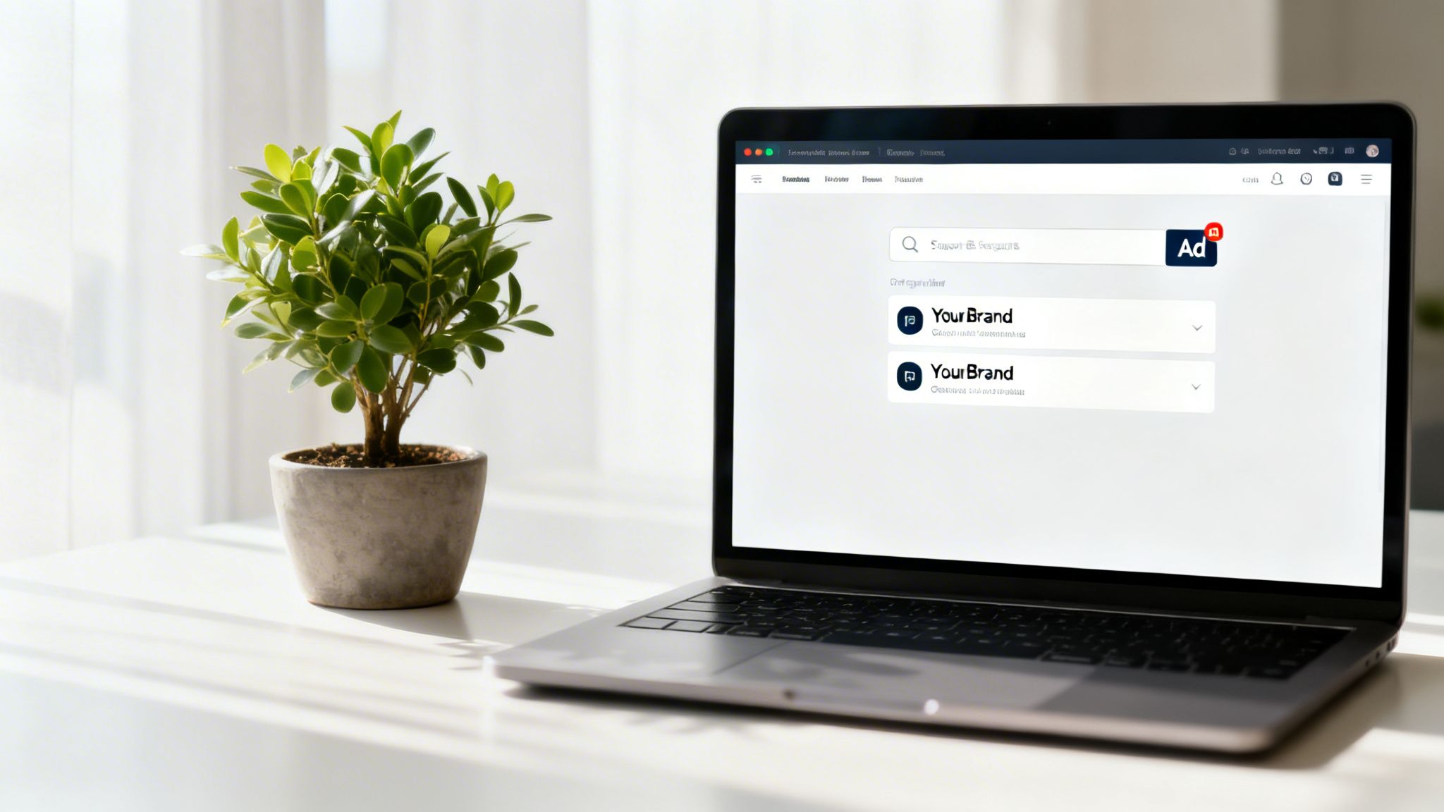 Laptop displaying a digital marketing interface with 'Your Brand' content and an 'Ad' button, next to a potted plant.