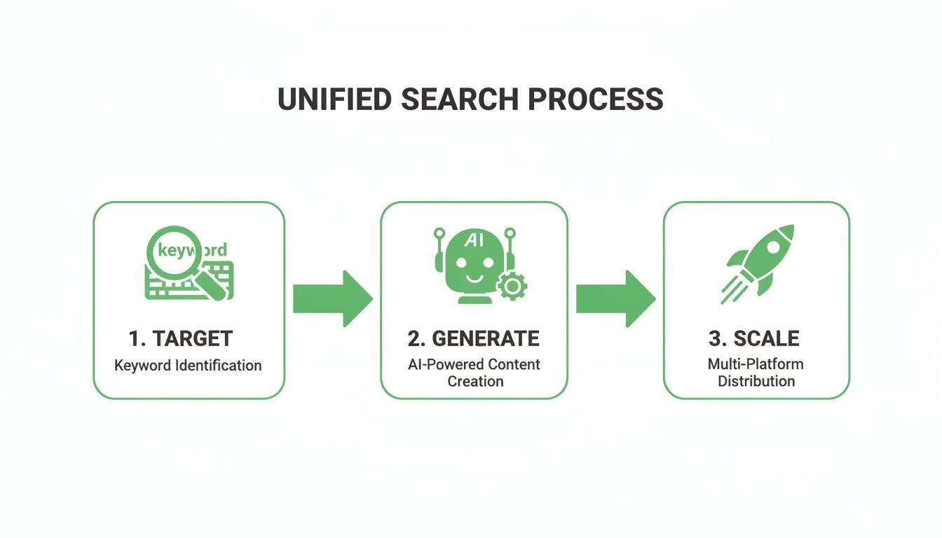 A visual depicting the unified search process: target keywords, generate AI-powered content, and scale distribution.