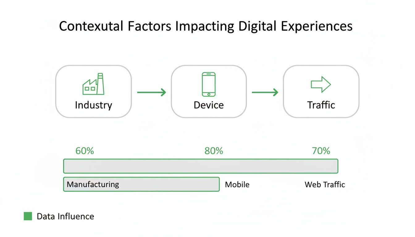 Diagram showing contextual factors impacting digital experiences: Industry, Device, and Traffic with data influence percentages.