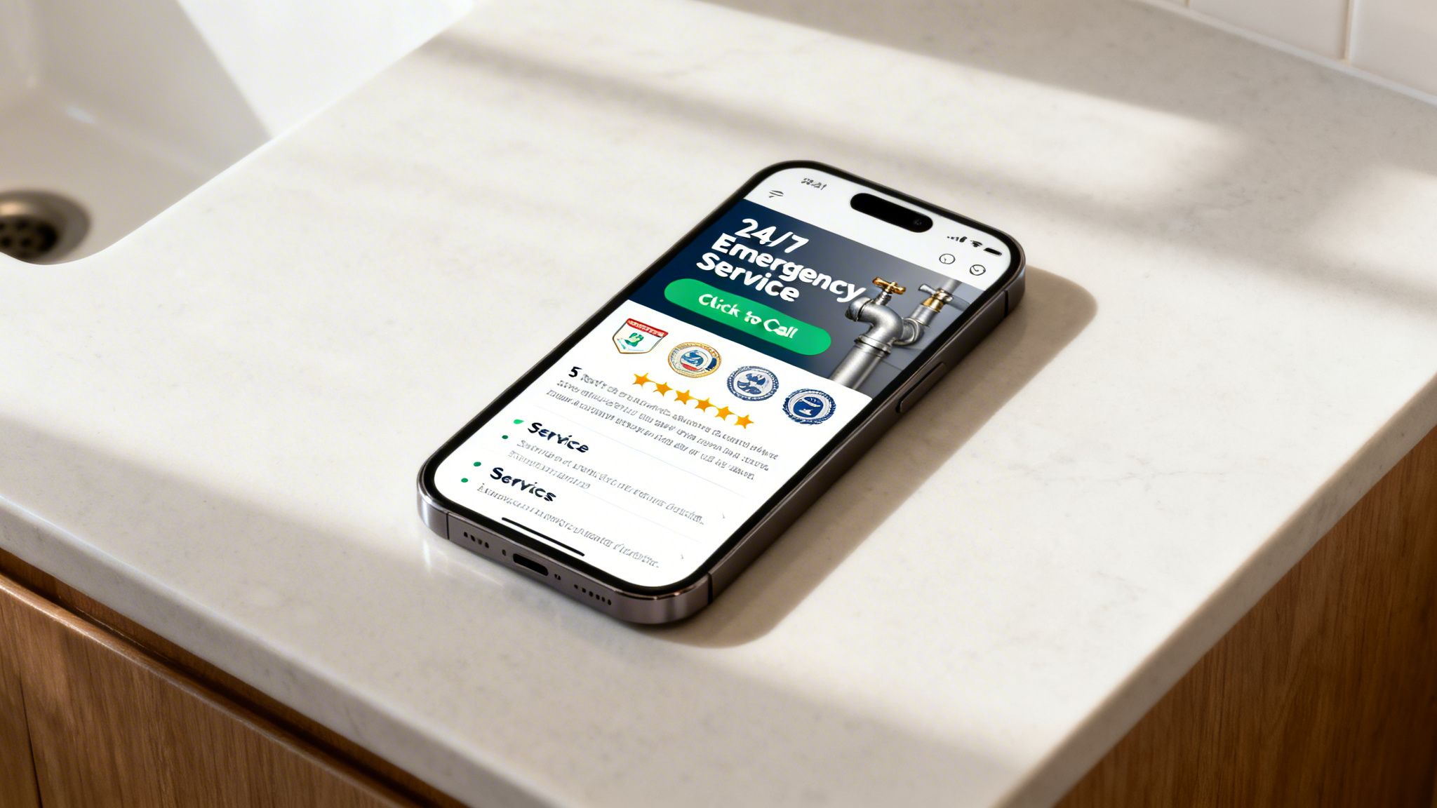 An iPhone displays a plumbing emergency service app with 24/7 support and 5-star ratings on a kitchen counter.