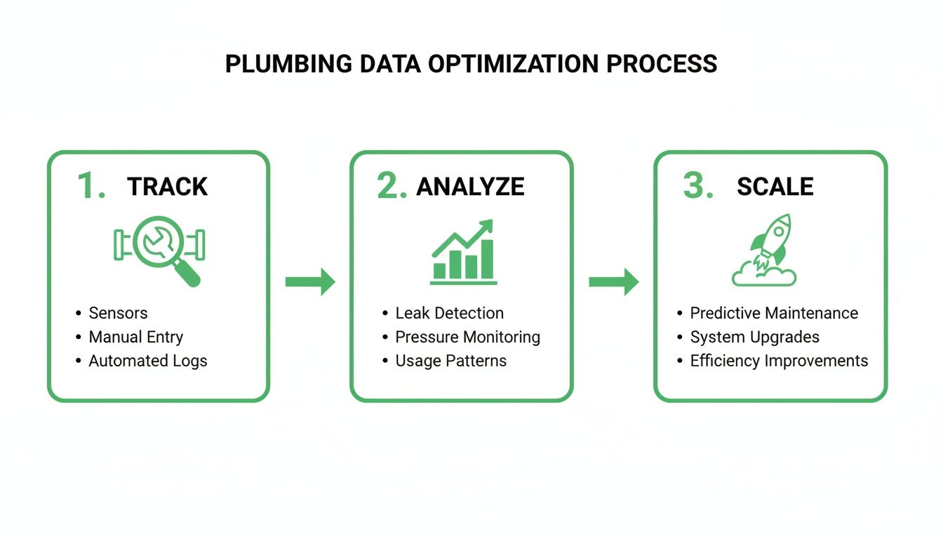 Plumbing data optimization process flow, detailing steps for tracking, analyzing, and scaling plumbing systems.