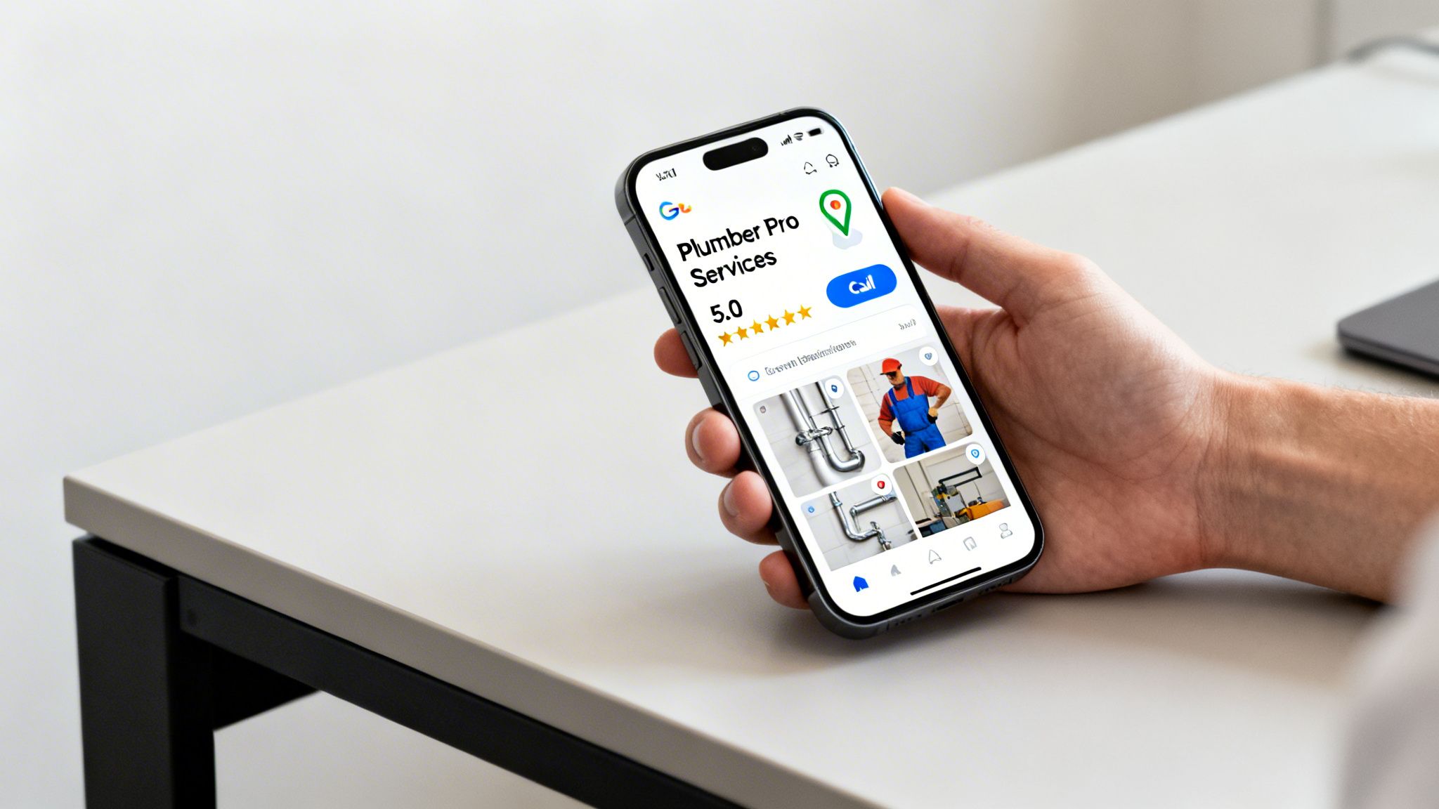 A hand holds a smartphone displaying a plumbing service's 5.0-star rated Google business profile with a call button.
