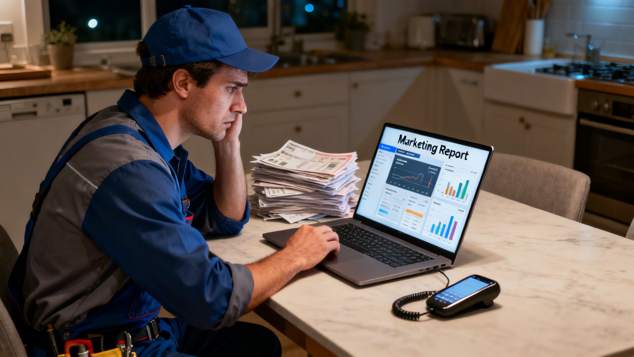 A plumber in uniform reviews a marketing report on his laptop late at night, surrounded by a stack of papers.