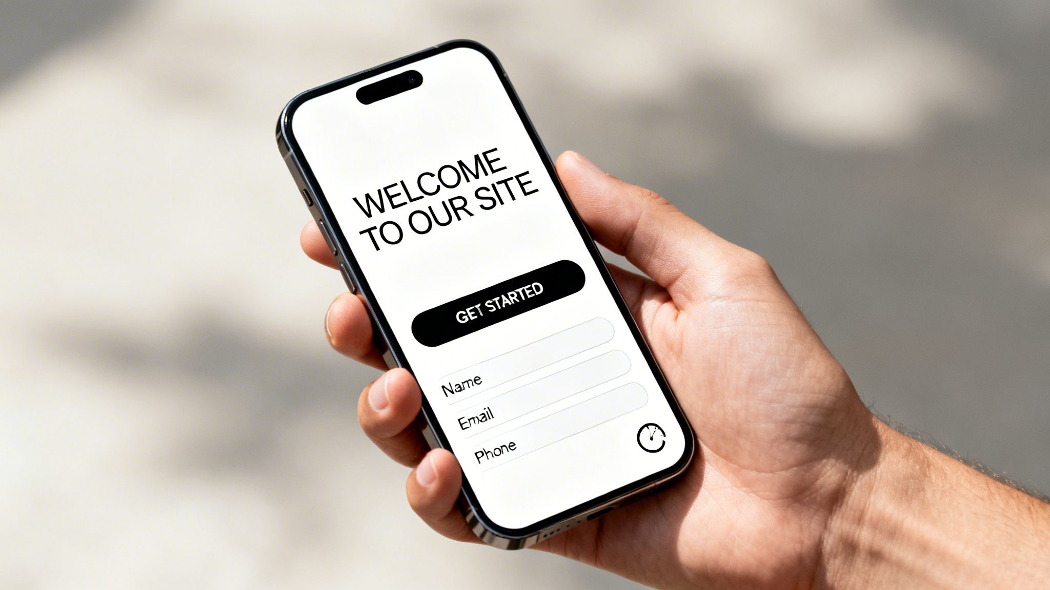 A hand holds a smartphone displaying a welcome landing page with fields for name, email, and phone.