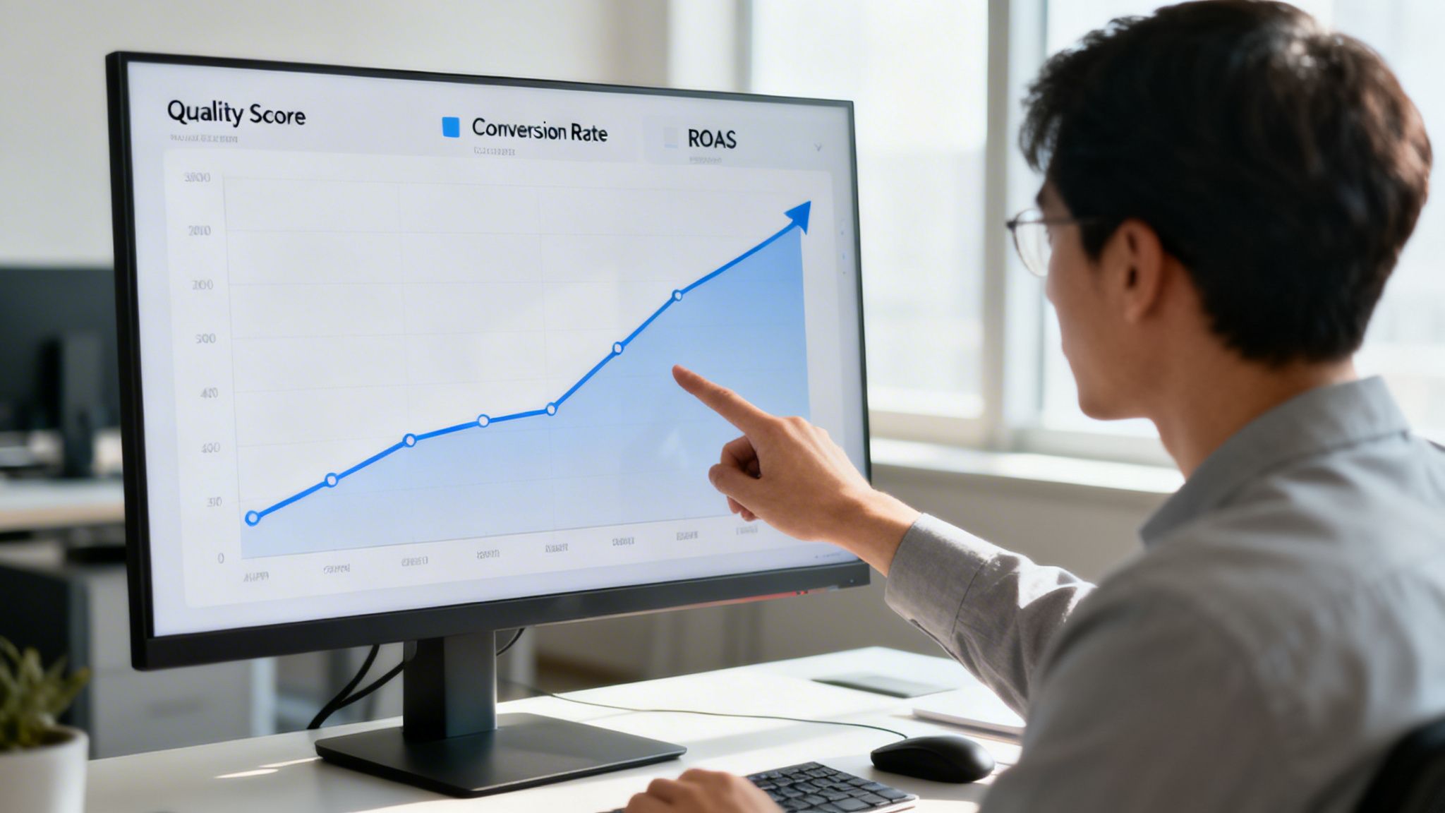 Man pointing at a computer monitor displaying an increasing conversion rate graph.