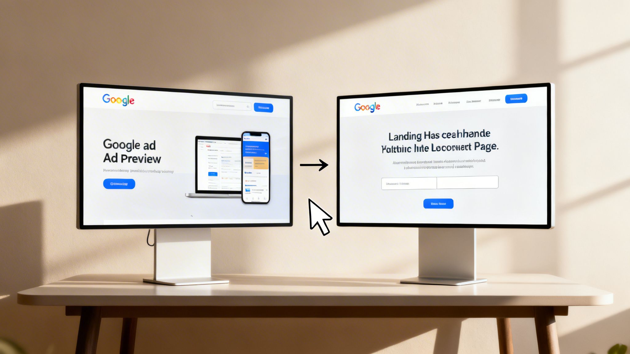 Two computer monitors showcase Google ad previews and a landing page design on a light-colored desk.