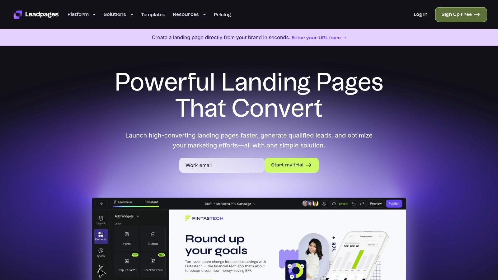 Leadpages landing page builder interface