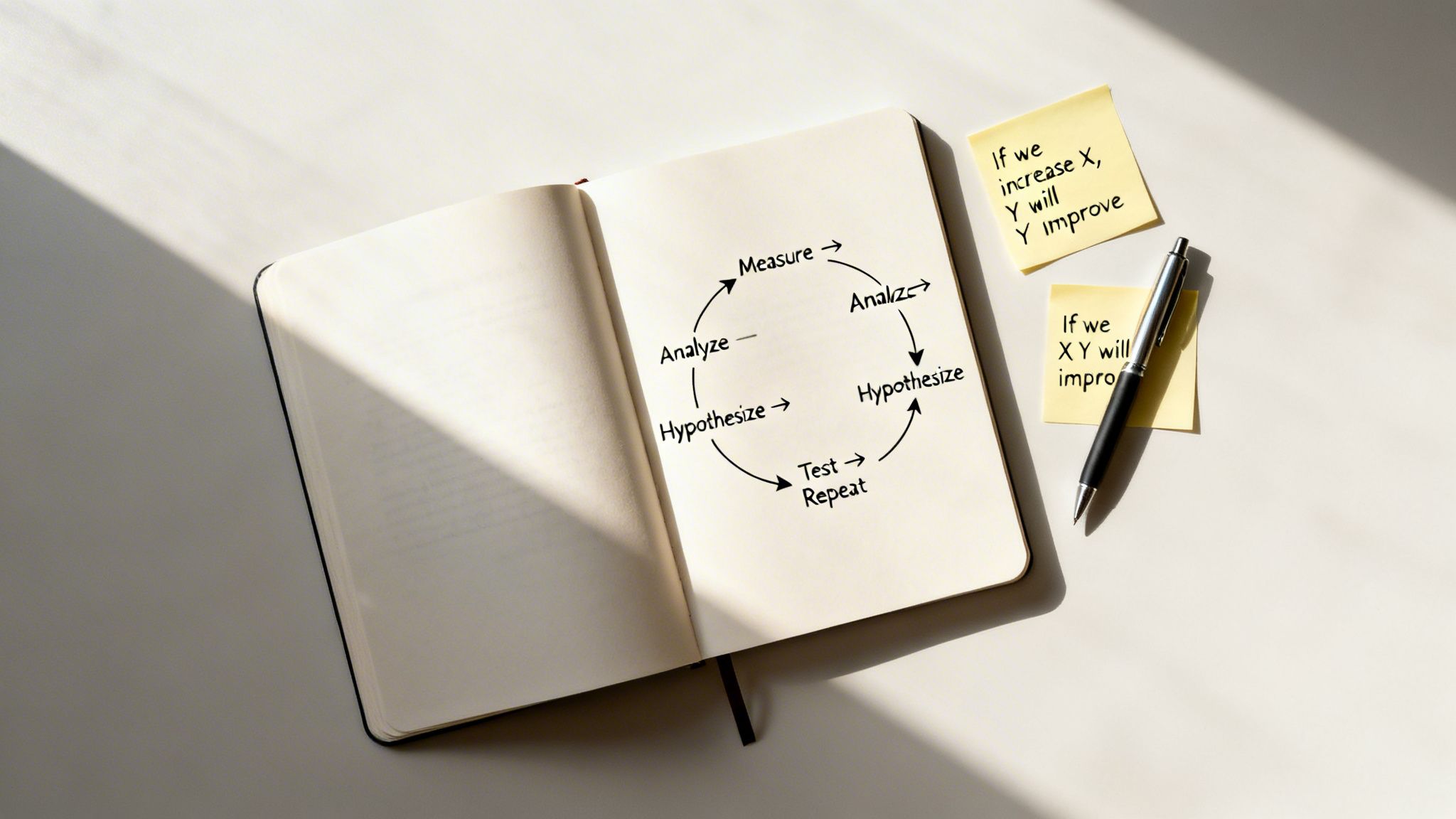 An open notebook displays an improvement cycle diagram, with sticky notes about hypothesis testing.