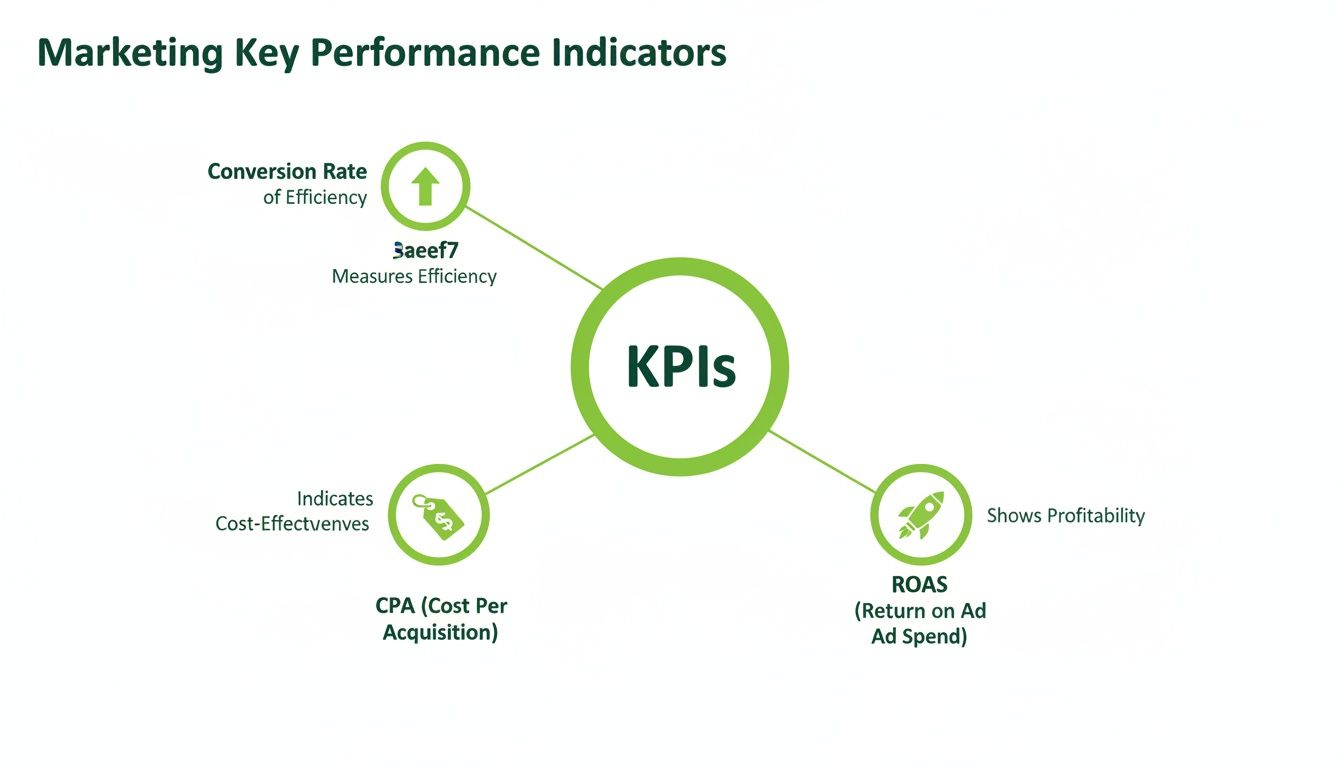 Diagram outlining Marketing Key Performance Indicators (KPIs) including Conversion Rate, CPA, and ROAS.
