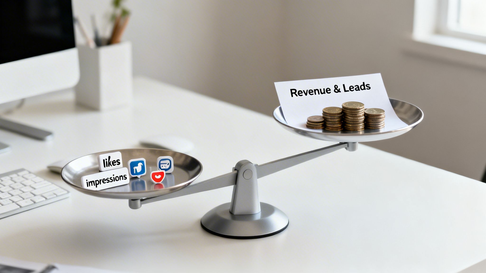 A balance scale showing revenue and leads outweighing social media likes and impressions, symbolizing marketing ROI.