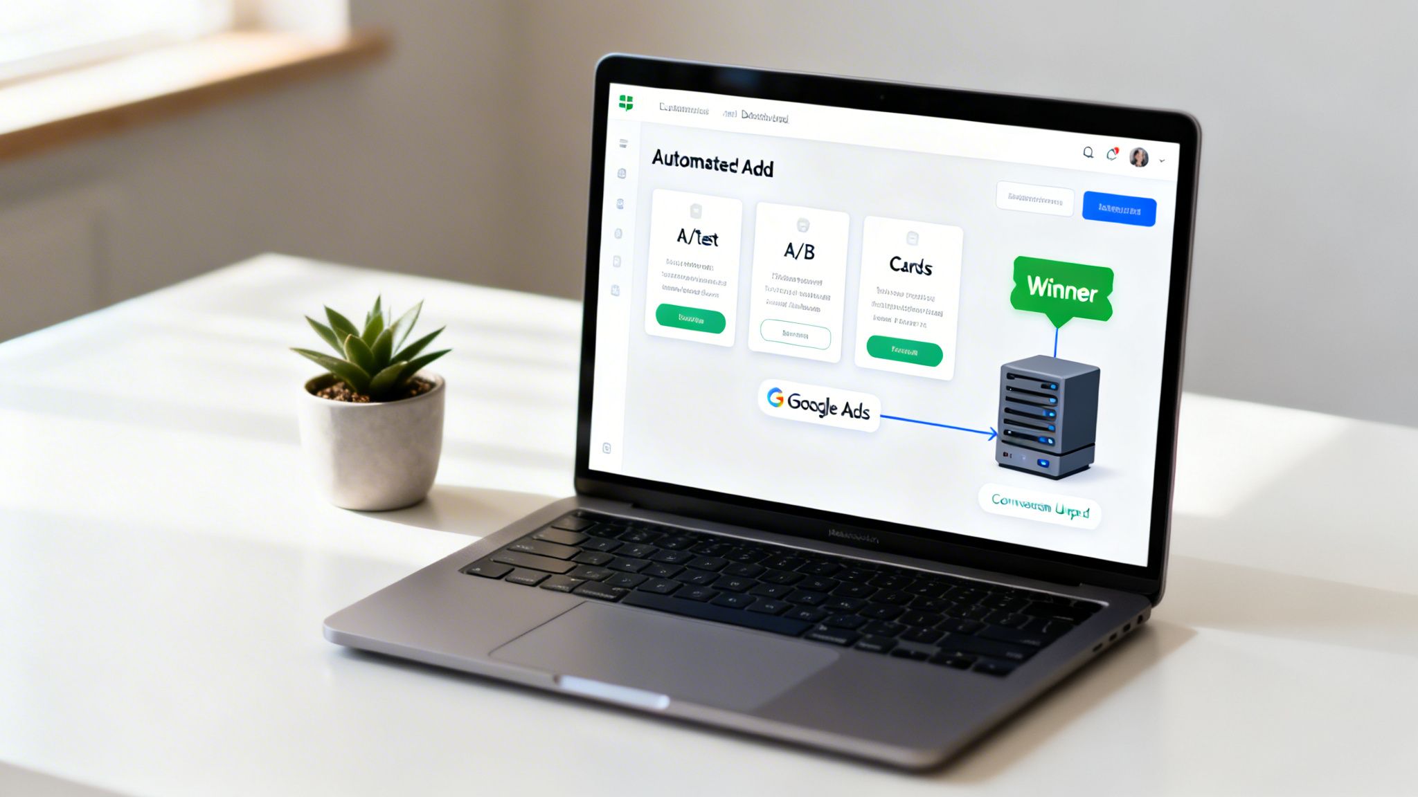 A laptop displays an 'Automatec Add' marketing automation dashboard with Google Ads integration.