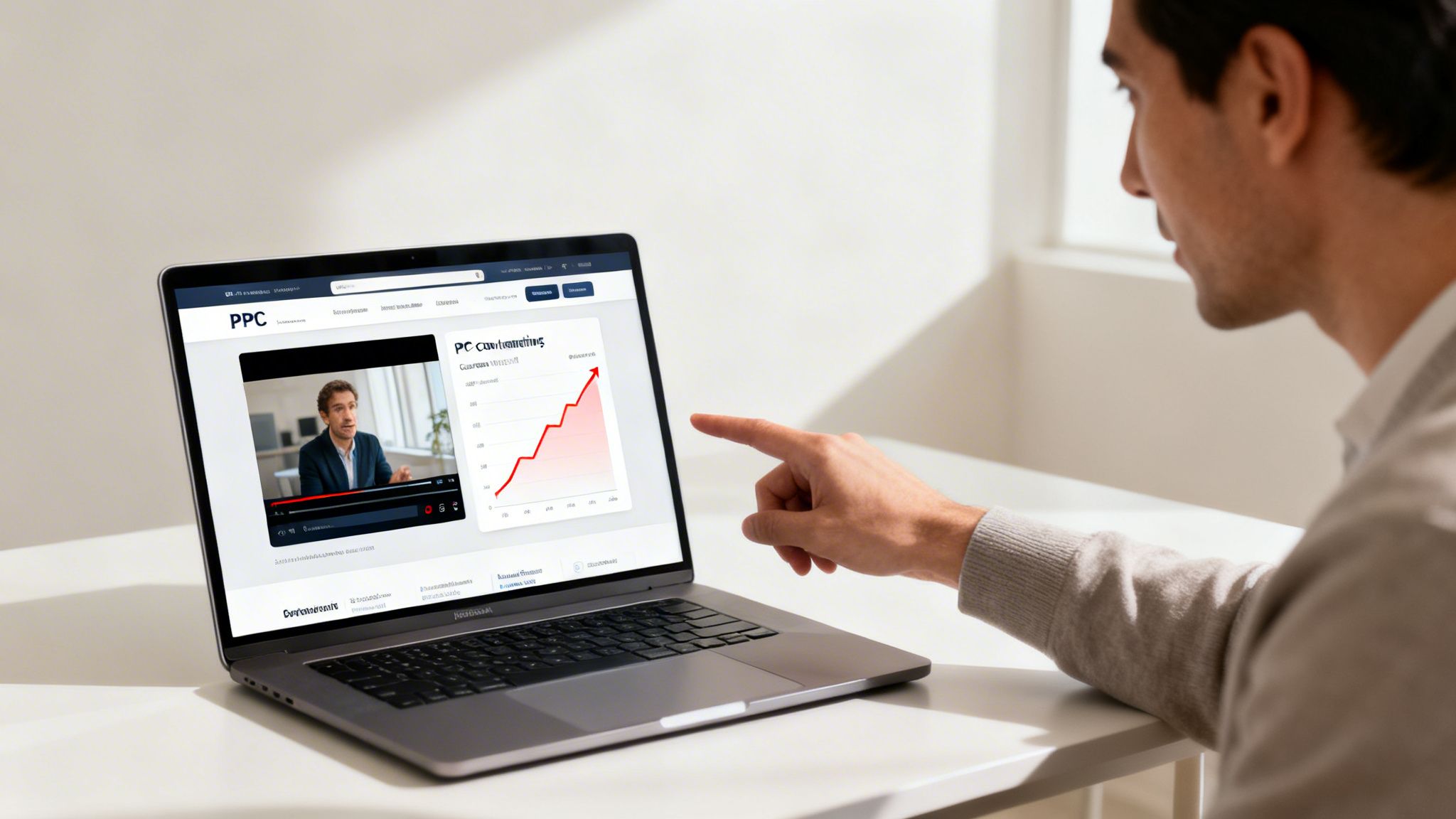 A man points at a laptop screen displaying a marketing video and an upward trending graph.